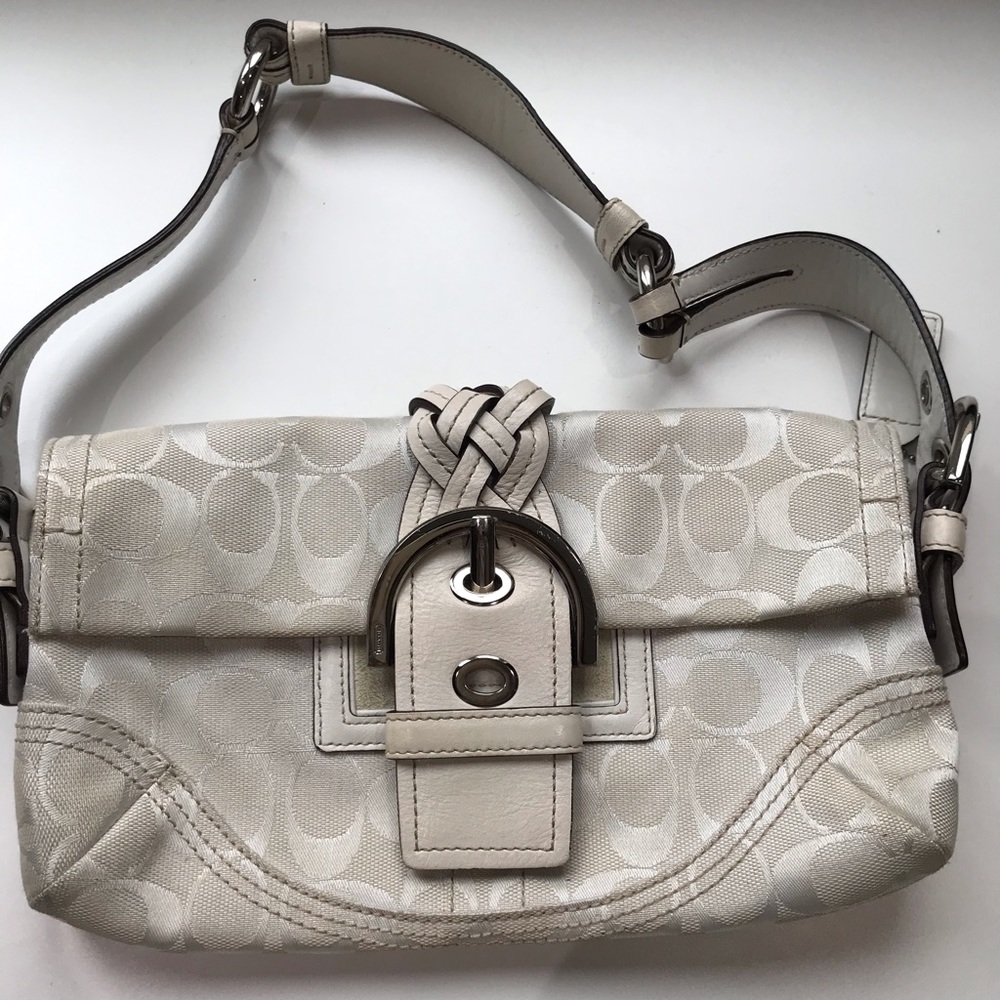 Coach white canvas and leather baguette bag